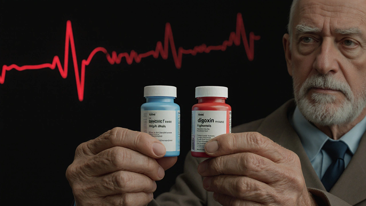 An elderly patient holding two different generic digoxin tablets with varying absorption effects.