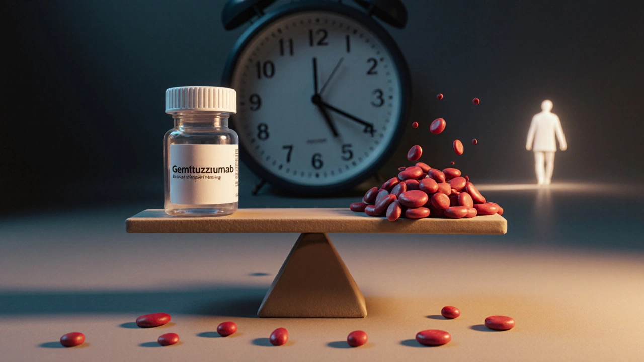 Balance scale with cancer drug on one side and collapsing blood components on the other, symbolizing DIC risk and survival.