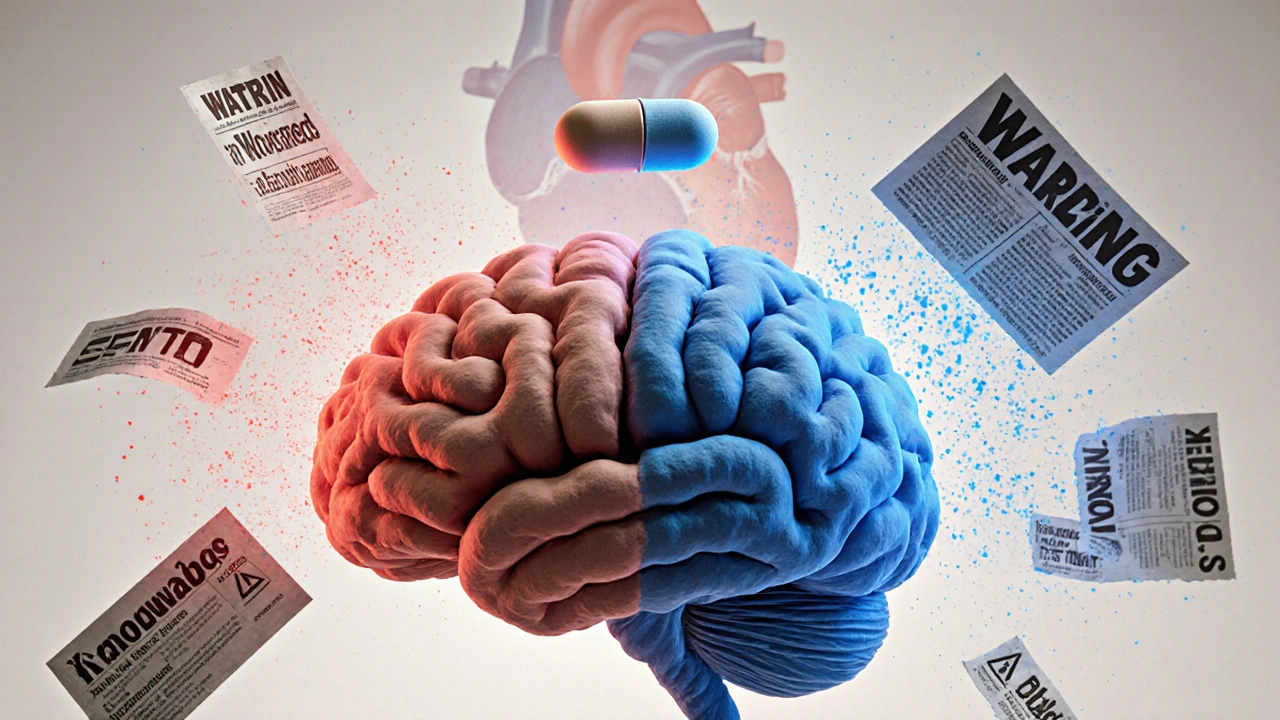 Clay brain with fear and knowledge sides, statin pill above it as warning labels dissolve into dust.