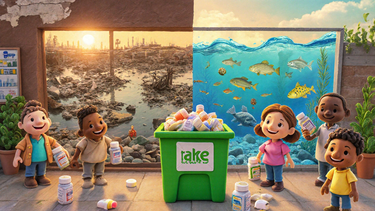 Community members dropping meds into a pharmacy take-back bin, with clean vs polluted water scenes.