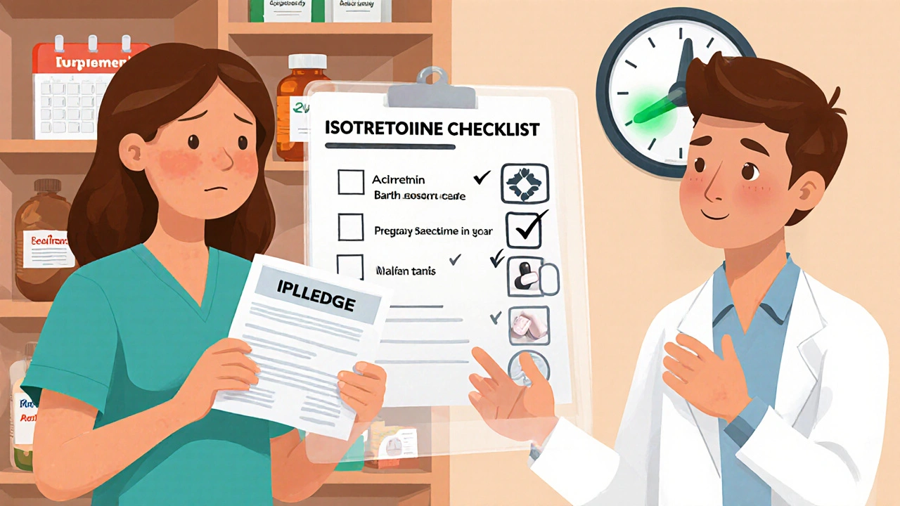 Dermatologist and patient with floating iPLEDGE checklist, showing contraception and time warnings for retinoid use.