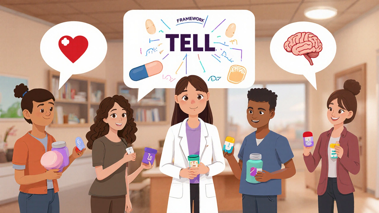 Diverse patients holding different generic pills with icons representing health conditions, guided by a provider.