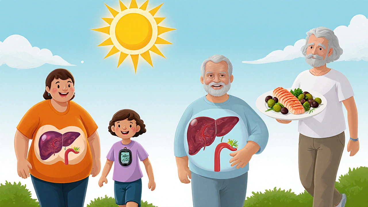 Diverse people with translucent bodies showing healthy vs. fatty livers, walking and eating well.