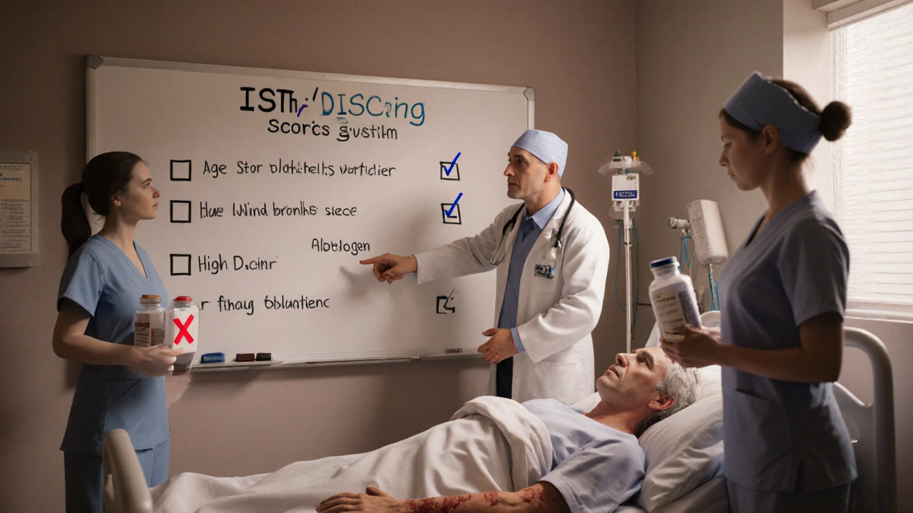 Doctor and nurse in a hospital room reviewing DIC lab scores while discarding warfarin, patient showing bruising.