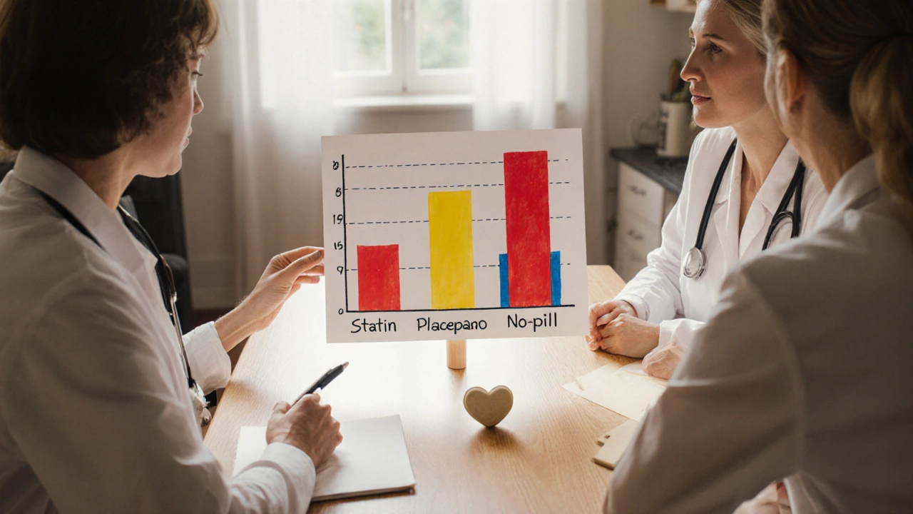 Doctor and patient reviewing a hand-drawn symptom chart with three colored bars on a kitchen table.