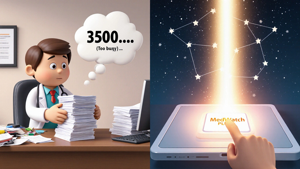 Doctor overwhelmed by paper forms vs. clicking a digital MedWatch Plus button, with light forming saved lives above.