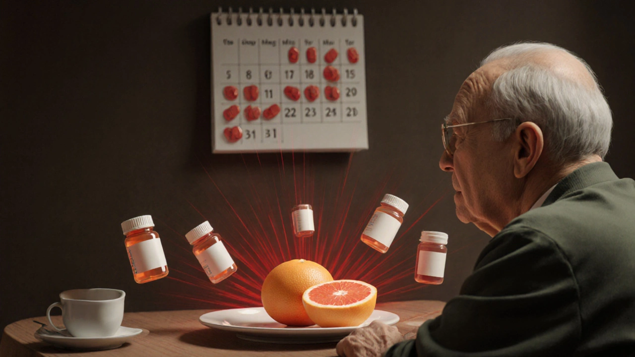 Elderly person eating grapefruit with multiple medication bottles surrounded by warning waves.