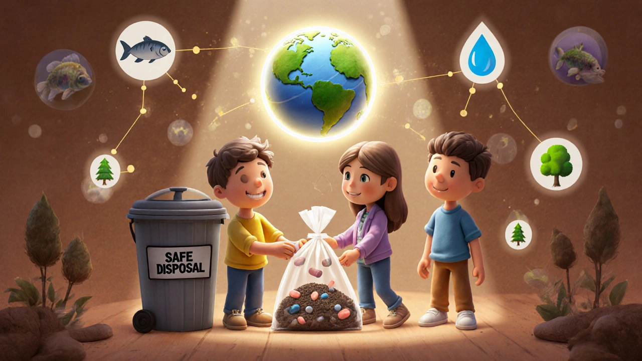 Family mixing pills with coffee grounds in a sealed bag, ready for safe trash disposal.