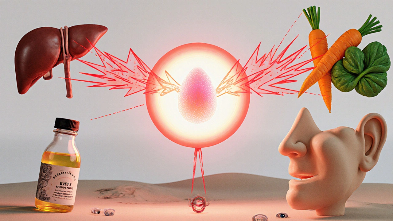 Fragile embryo in early pregnancy disrupted by retinoid rays, with safe beta-carotene sources glowing nearby.