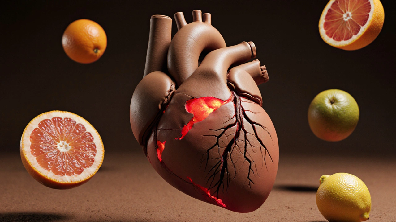 Heart and muscle fibers cracking from drug overload, surrounded by dangerous and safe citrus fruits.