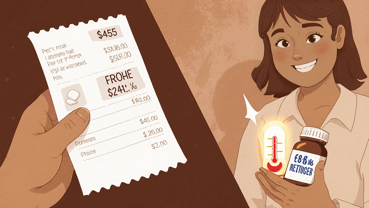 Patient comparing high and low cost of medication with a glowing arrow showing 85% savings.