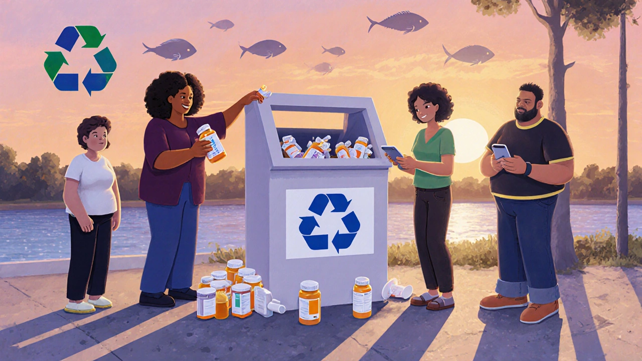 People dropping off medications at a pharmacy take-back box during sunset.
