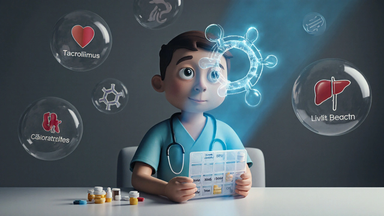 Person on exam table with medications and a shadowy CBD molecule hovering above.