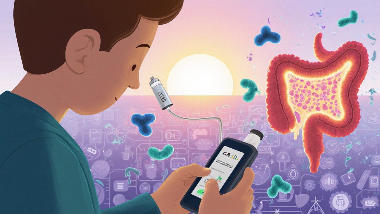 Person with insulin pump and CGM, surrounded by glucose molecules and healing stem cells.