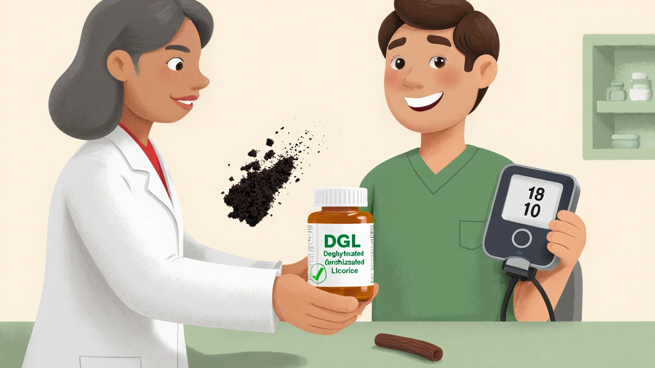 Pharmacist giving safe DGL licorice to patient with normal blood pressure reading.