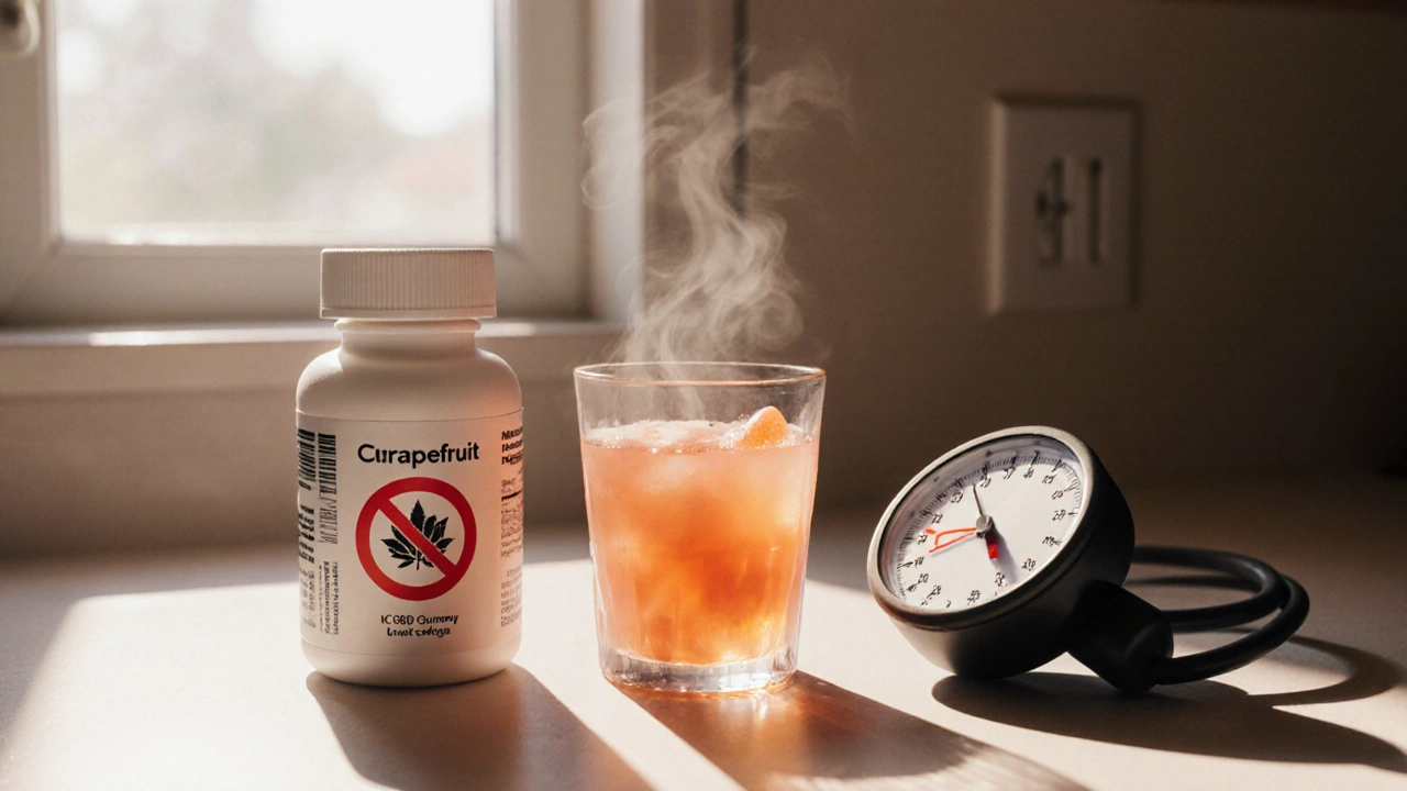 Pill bottle with grapefruit warning next to a CBD gummy and rising blood pressure monitor.