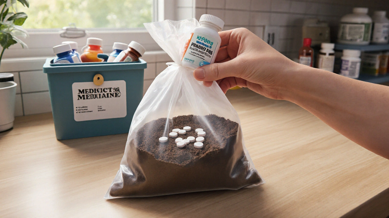 Pills mixed with coffee grounds and cat litter in a sealed bag, ready for trash disposal.