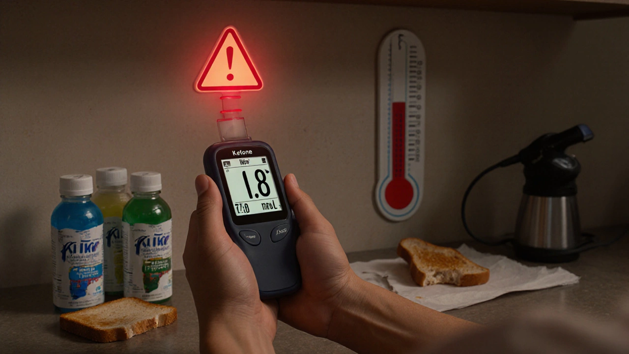 Someone holding a blood ketone meter showing high ketones, with diabetes supplies on the counter.
