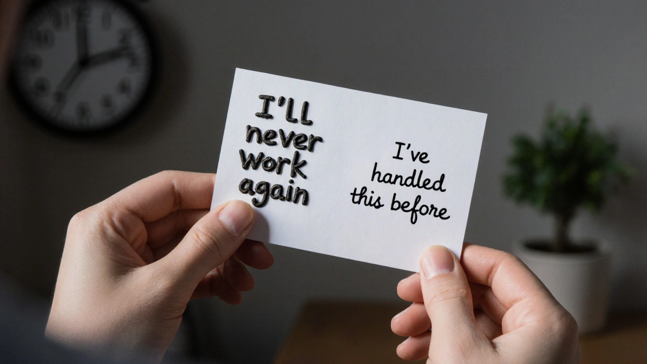 Someone holding a clay index card with catastrophic thought on one side and balanced thought on the other, in a quiet nighttime setting.