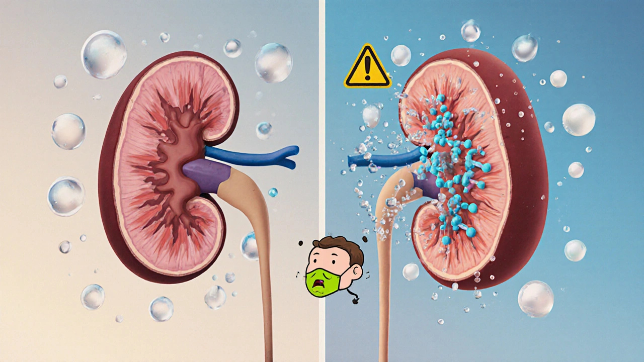 Split illustration of healthy vs. blocked kidney due to licorice interference.