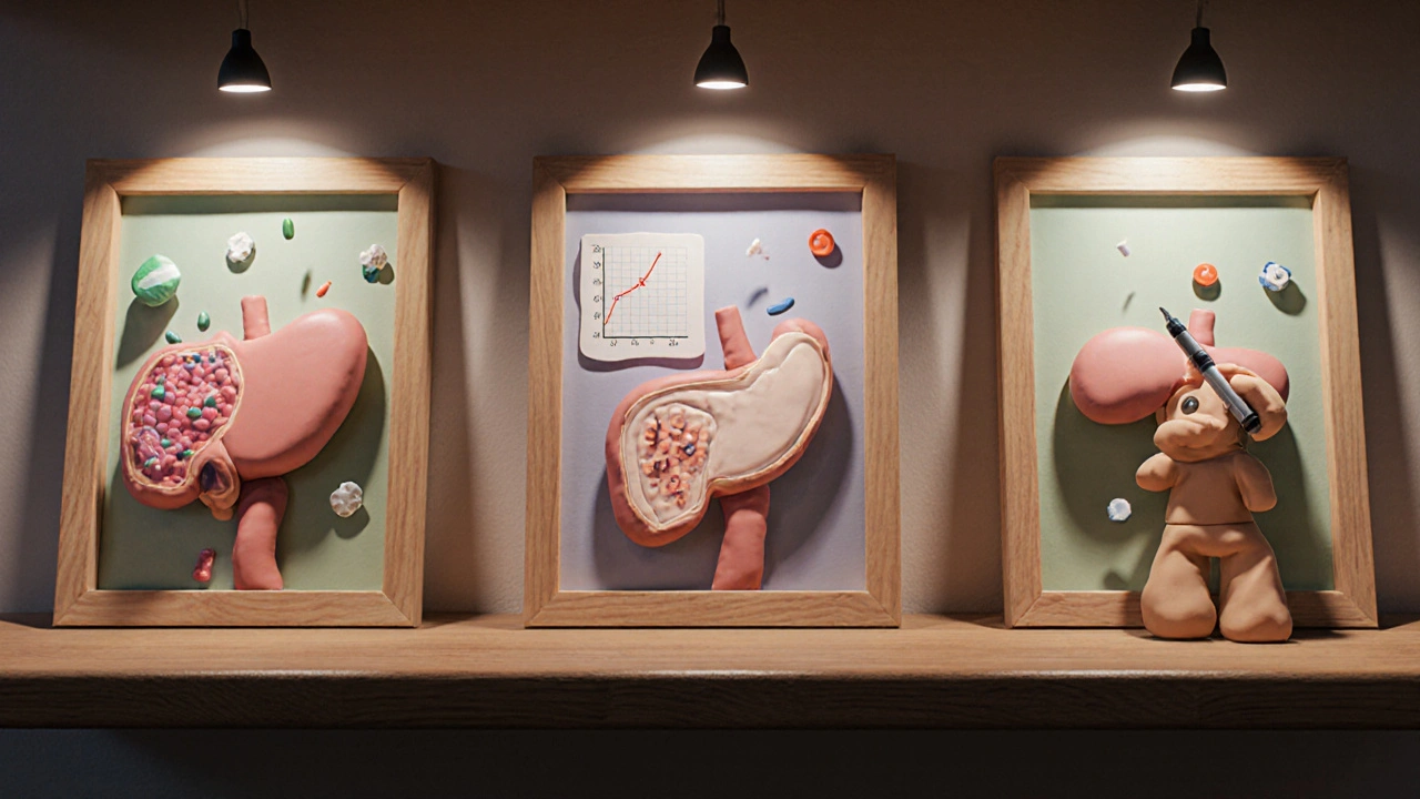 Three clay dioramas showing stages of type 1 diabetes progression.