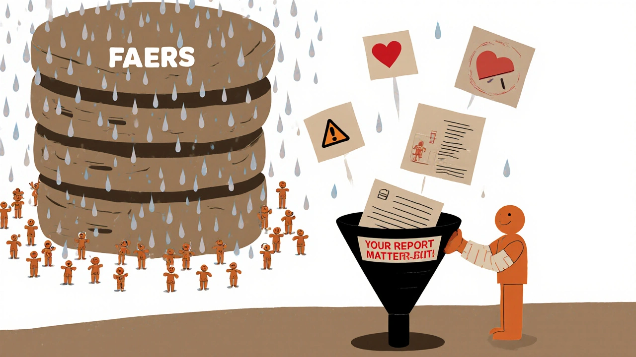 Tiny clay people dropping reports into a giant FAERS database, with one person&#039;s report triggering a safety alert.