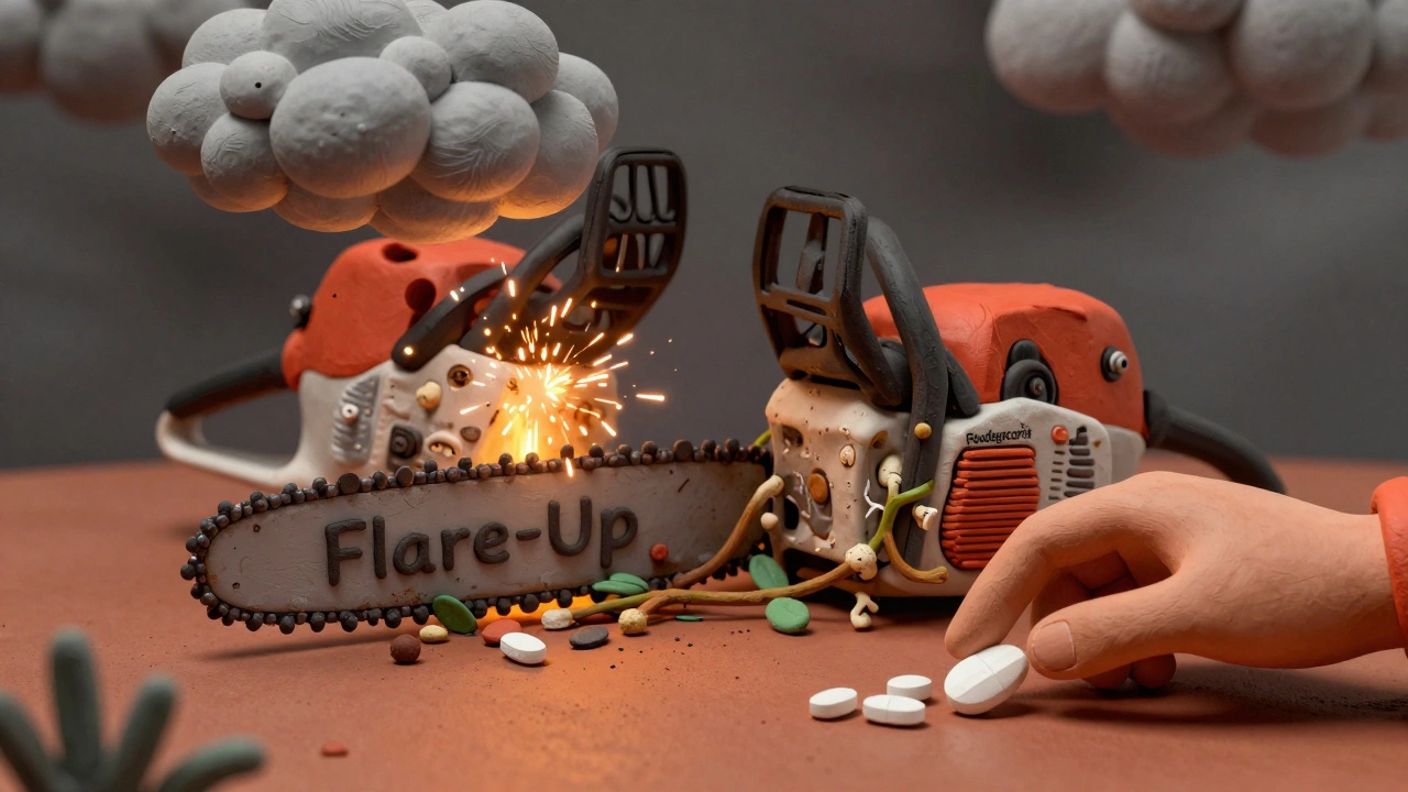 A chainsaw cutting through inflammation, with dangerous side effects growing behind it as a safer alternative rests nearby.