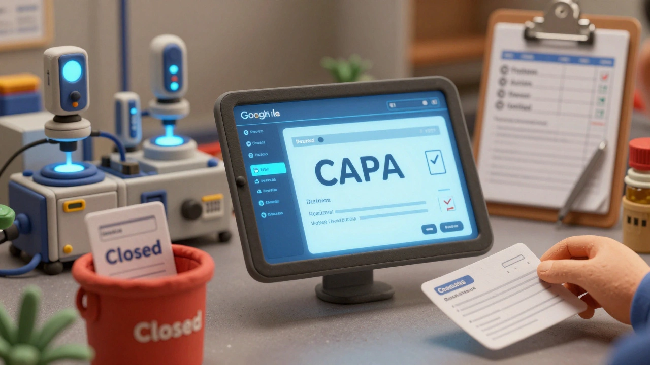 A digital CAPA dashboard hovers above a factory floor, with a completed form being filed in a &#039;Closed&#039; bin.