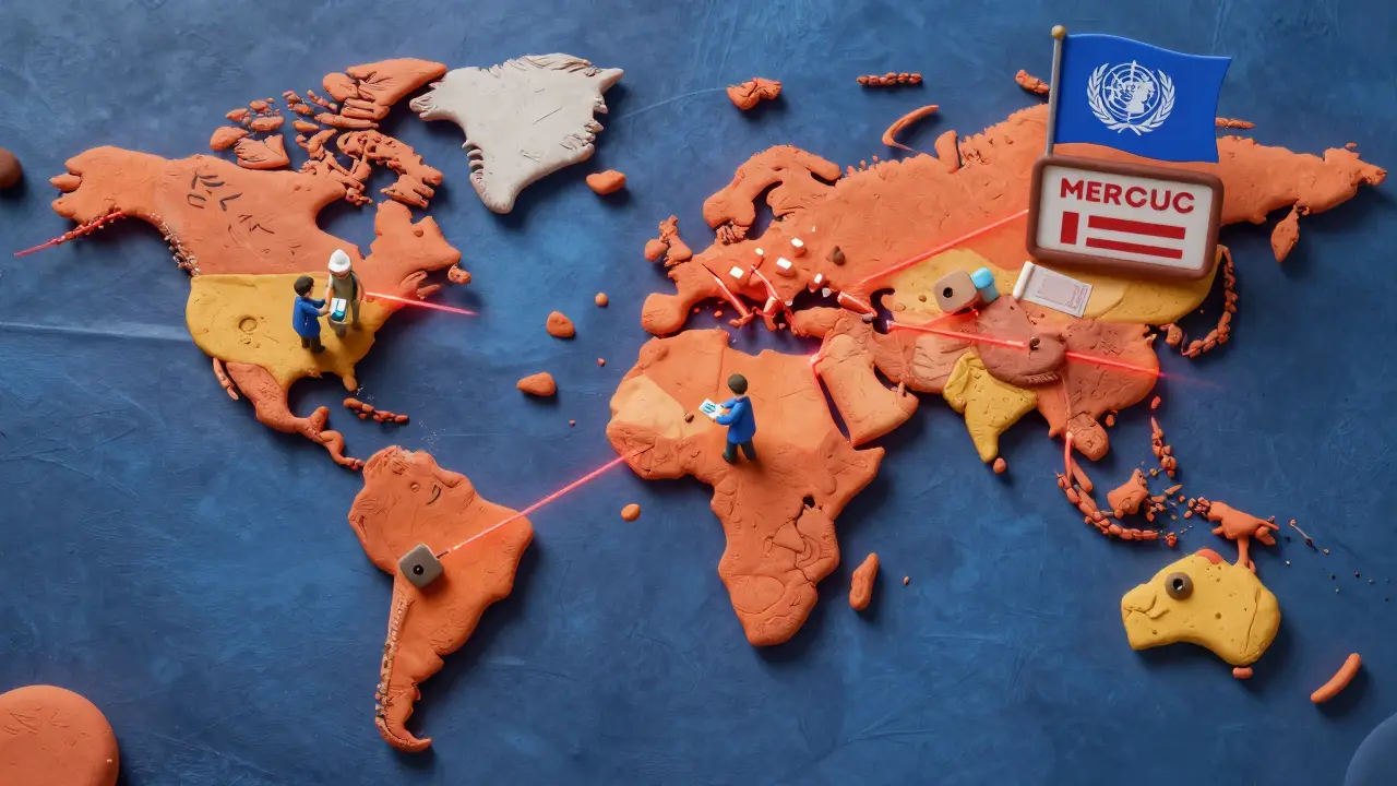 A global map shows patent locks breaking over countries using compulsory licensing during a health crisis.