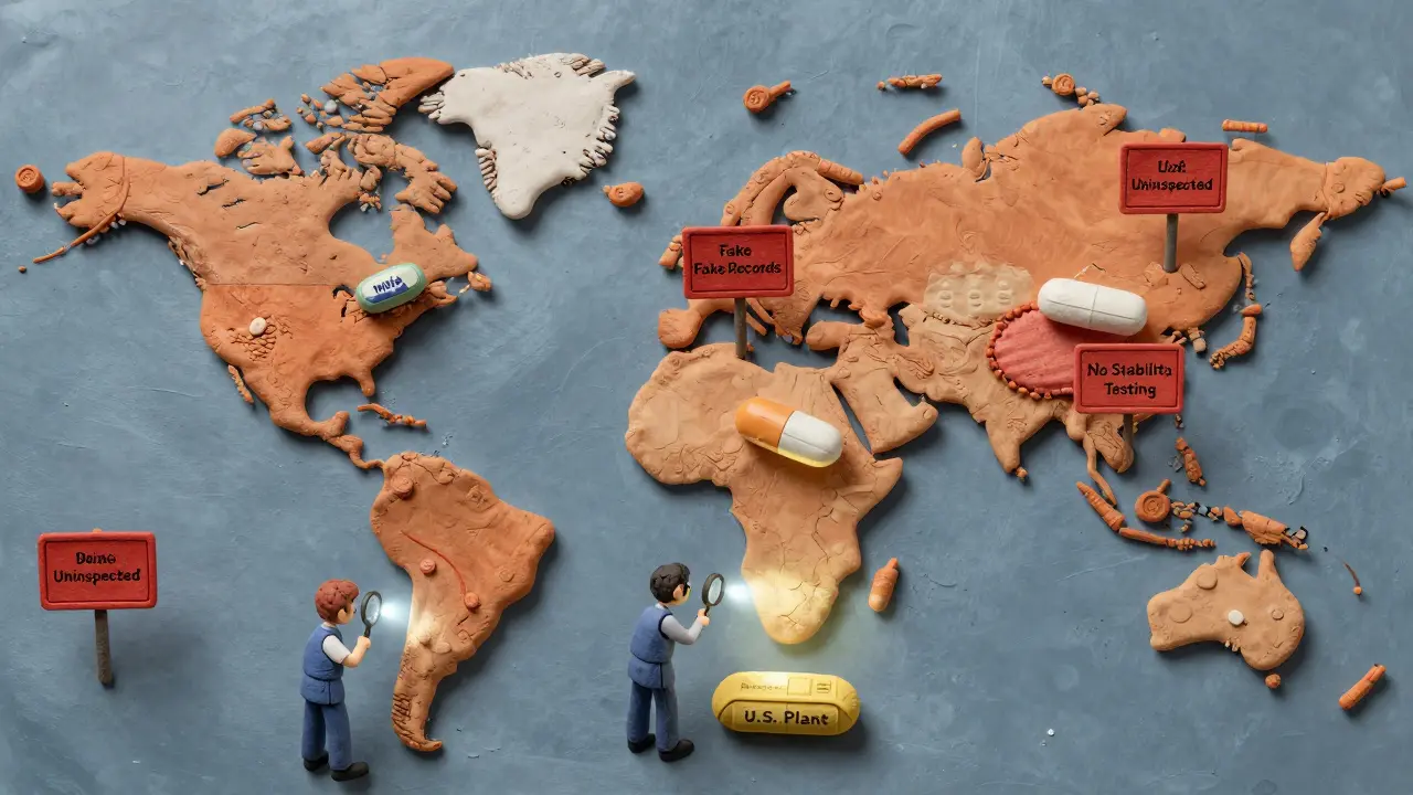 A global supply chain map shows pills traveling from overseas factories to the U.S., blocked by warning signs and minimal inspections.
