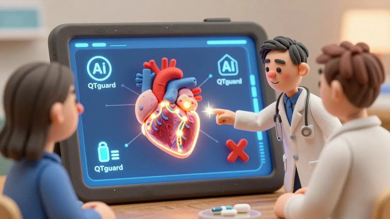 A medical tablet showing genetic heart markers and AI safety icons, with a doctor and patient reviewing options.
