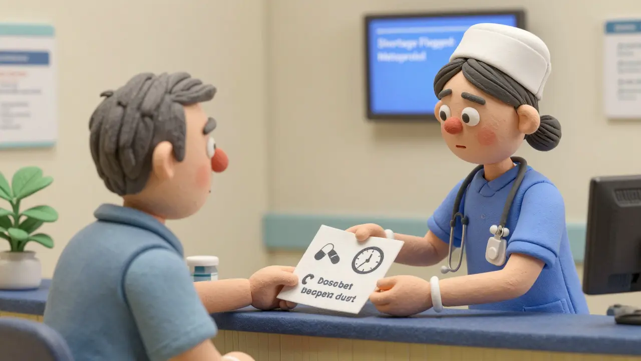 A nurse gives a patient a clear one-page handout with pill icons and dosing instructions during a clinic visit.