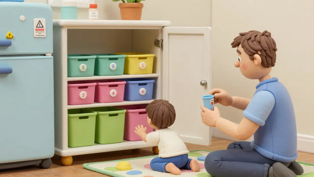 A parent correctly measures medication with a dosing cup while storing it in a locked cabinet out of a child's reach.