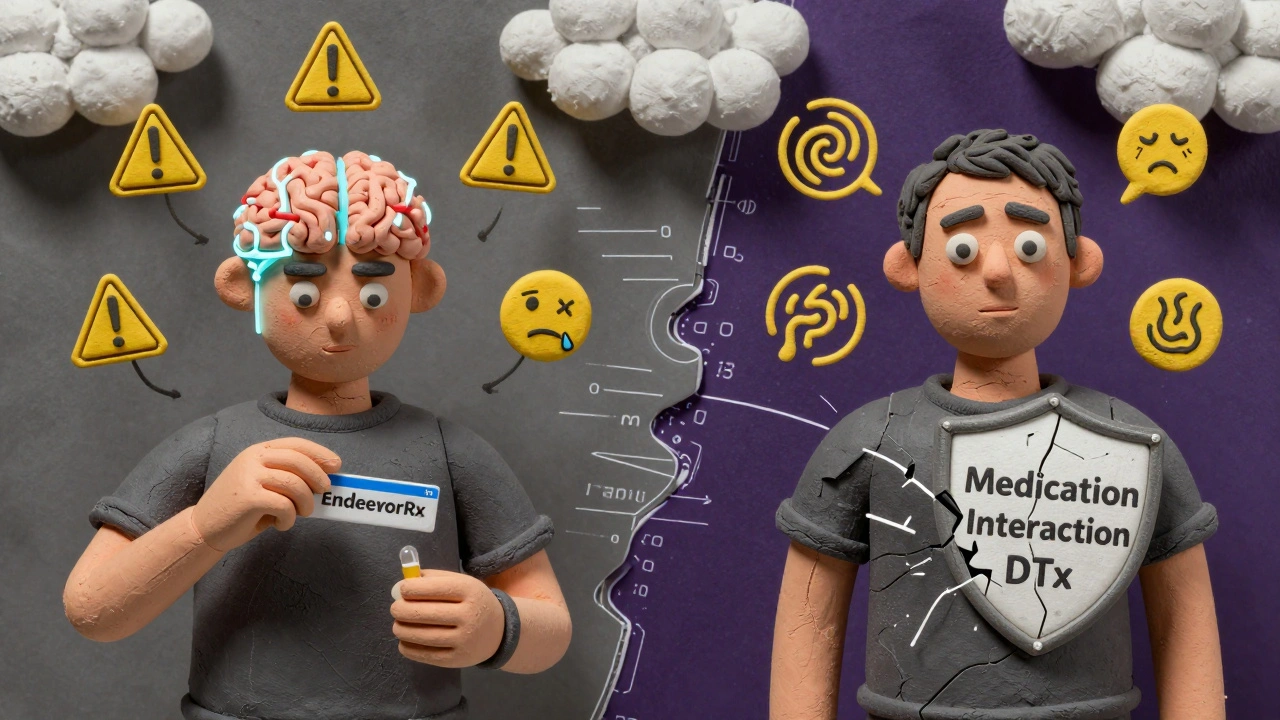 A patient experiencing side effects from digital therapy interacting with medication, shown in dual scenes.