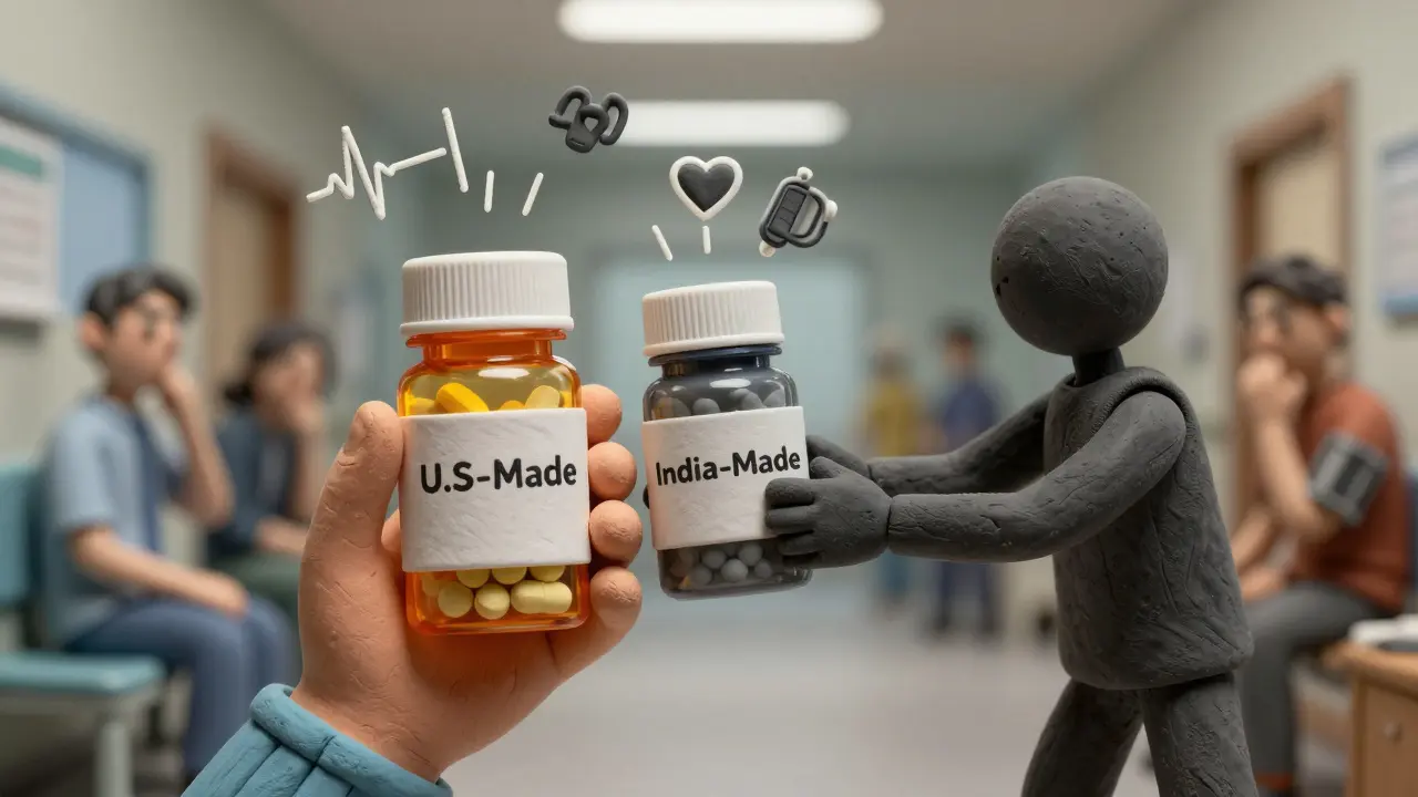 A patient holds two pill bottles—one glowing safely, the other dull and risky—while a shadowy figure pulls the cheaper one closer.