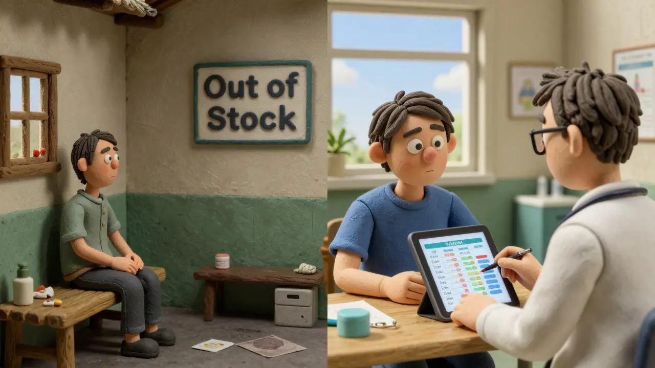 A patient in a rural home faces an empty pharmacy shelf, while the same patient in a clinic receives a personalized care plan.