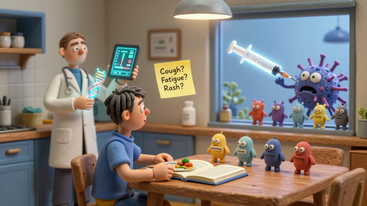 A patient journaling symptoms while vaccines and prevention tools push back dangerous pathogens.