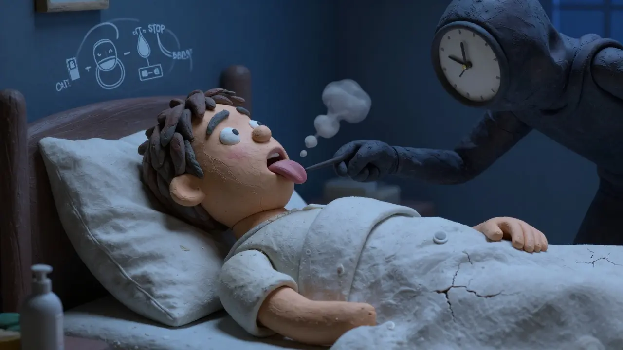 A person sleeping with clay-like fat blocking their airway, shadowy figure pulling their tongue, night-light glow.