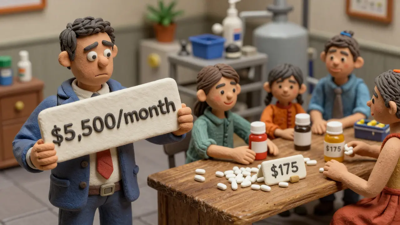 A pharmaceutical executive faces a high drug price while a factory produces affordable generics for smiling patients.