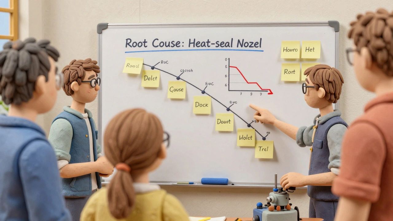 A team analyzes a fishbone diagram on a whiteboard, with a machine part and declining defect graph in the background.