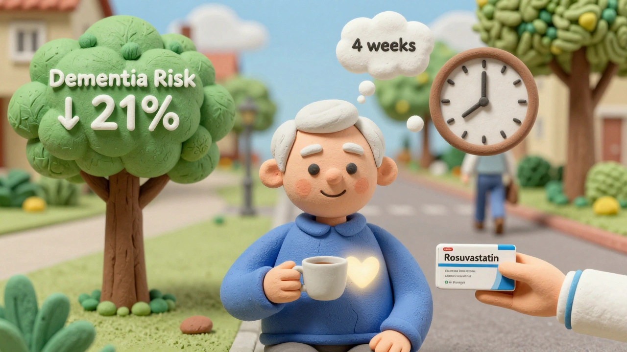 An elderly person smiling with symbols of reduced dementia risk and a new statin prescription, surrounded by positive health icons.