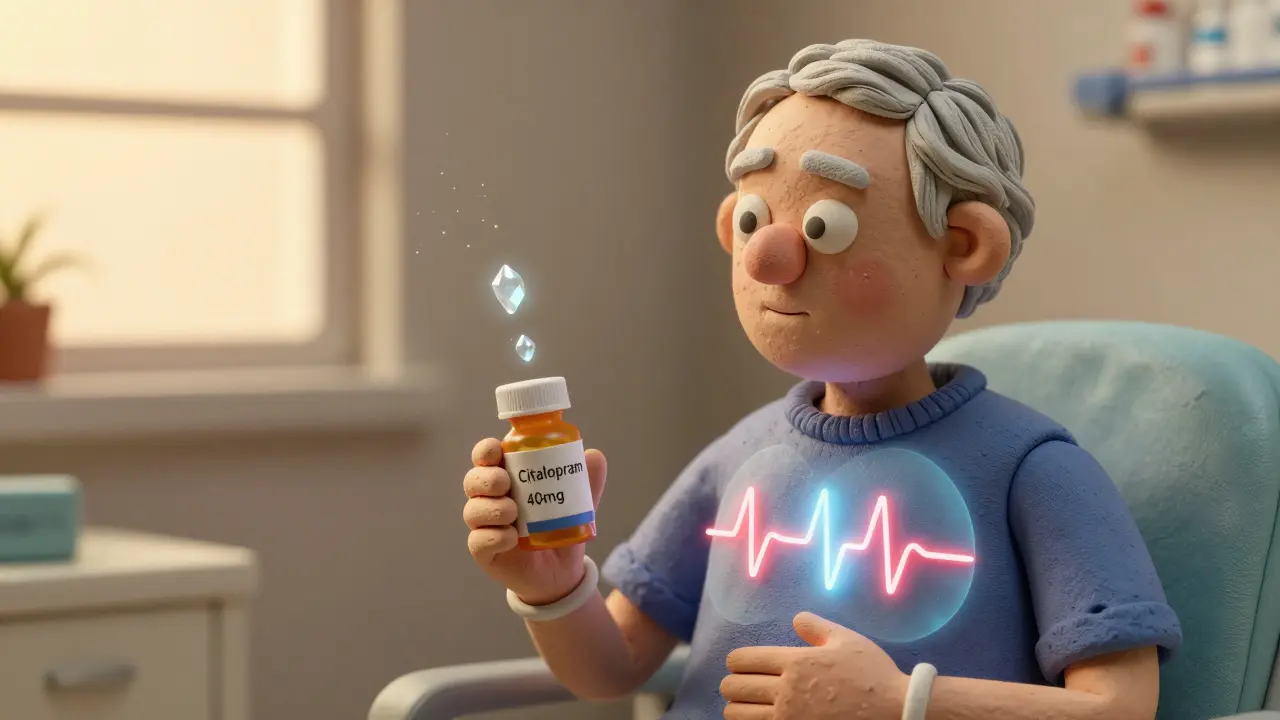 An elderly person with a pill bottle, a pulsing T-wave above their chest, and fading electrolyte ions.