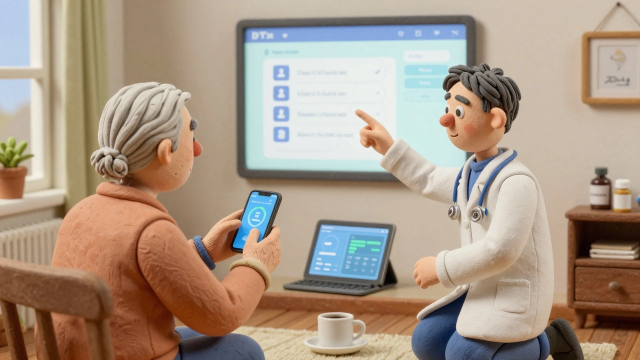 An older adult receiving help from a navigator to use a digital therapy app at home.