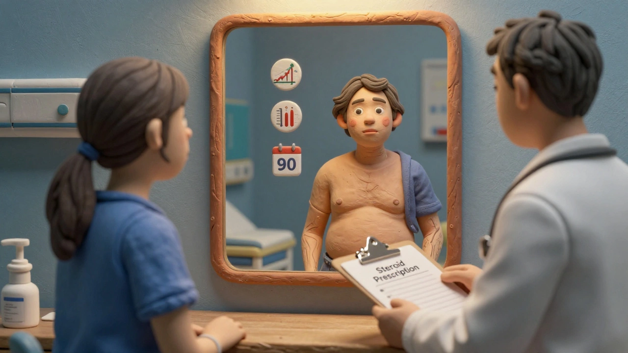 An older patient seeing their moon face reflection in a mirror while a doctor holds a steroid prescription.