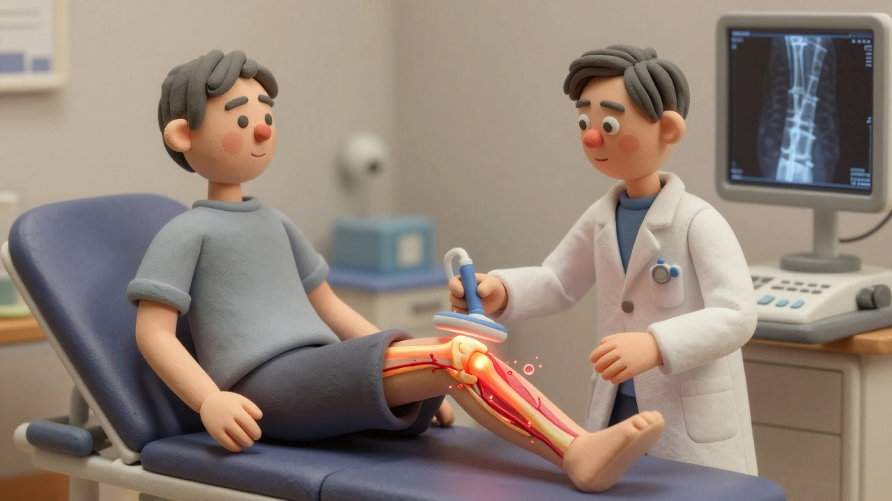 Clay-style ultrasound showing inflamed joint with glowing blood vessels, no text or labels.