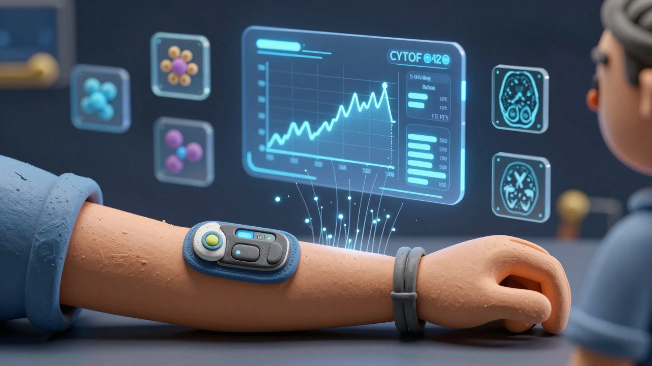 Clay-style wearable patch sending data to a floating AI dashboard with health icons.