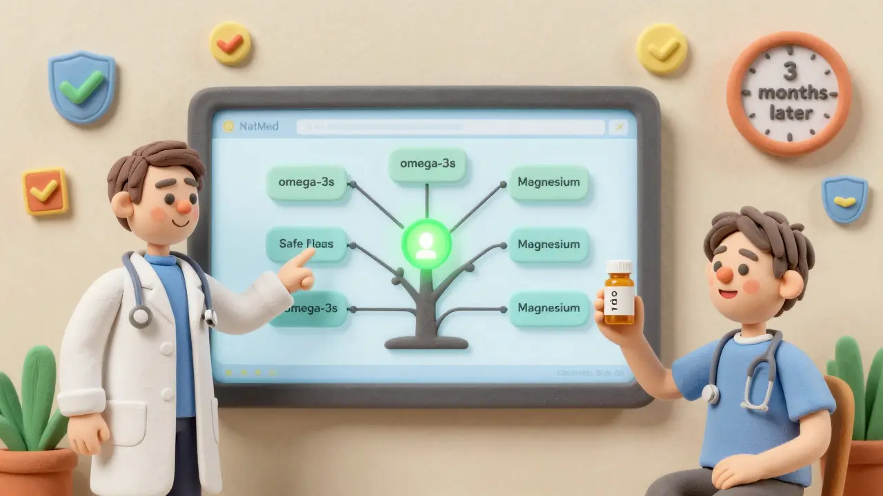 Clinician explaining safe supplement alternatives using a database screen with positive icons.