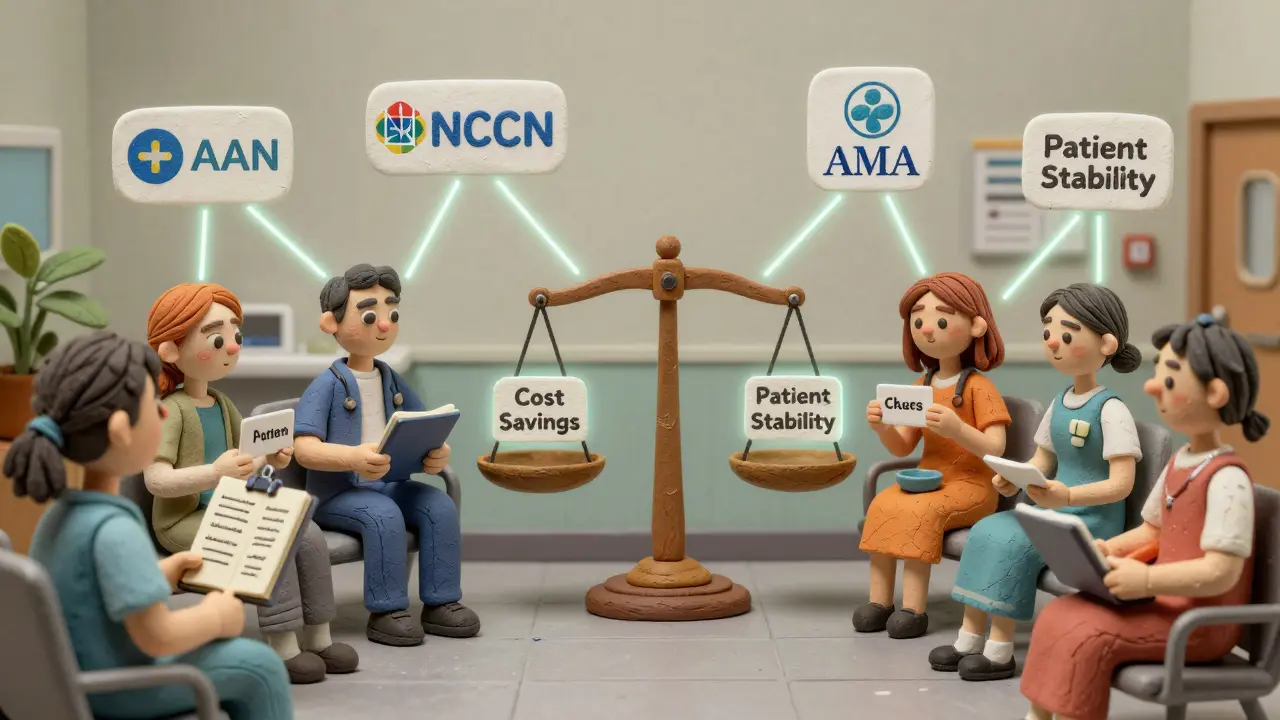 Diverse patients hold medication labels connected to medical society logos, scale weighs cost vs. stability.