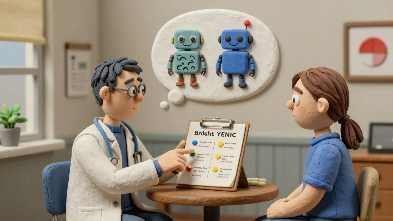 Doctor and patient discussing medication options with a thought bubble showing brand vs. generic as symbols of trust.