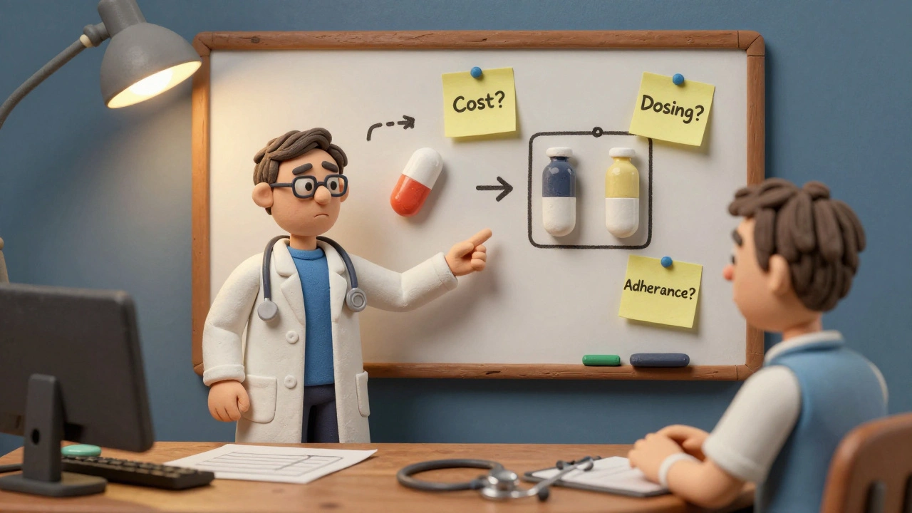 Doctor explains medication options using a whiteboard with diagrams of single vs. separate pills.